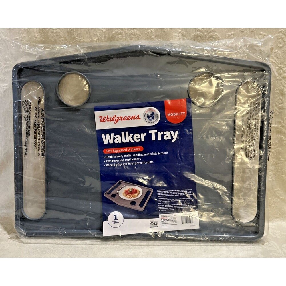 New Walgreens Mobility Walker Tray Universal Fit Dual Cup Holders Gray Sealed